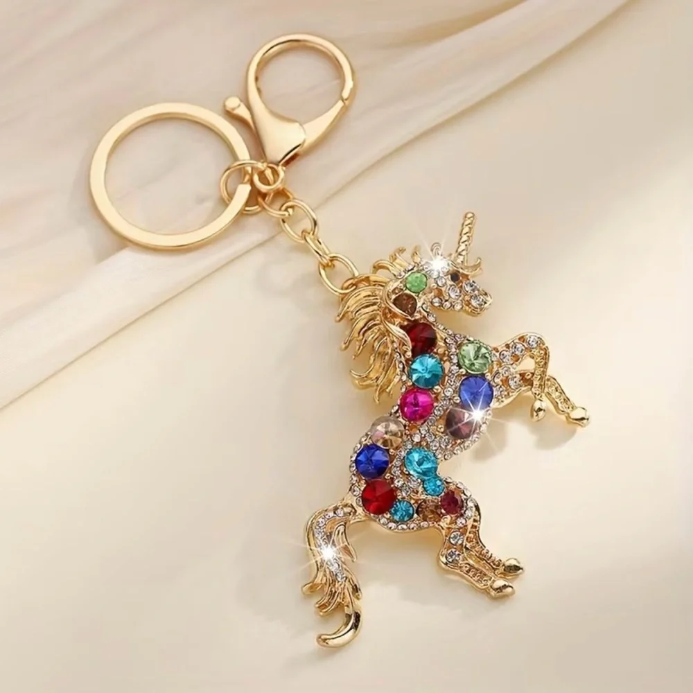 Gold Unicorn Keychain with Multicolor Gems